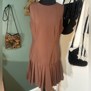 ZARA Drop Waist Dress Womens L Brown Pleated Hem Sleeveless Minimalist NWT